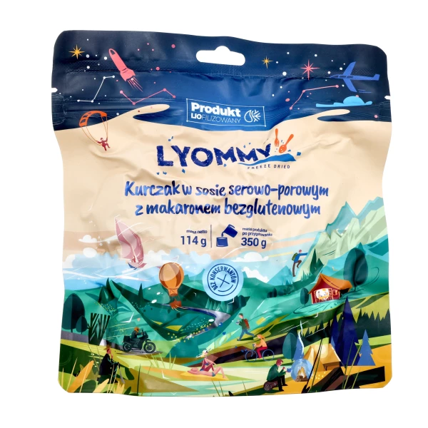 Żywność liofilizowana Lyommy Kurczak w sosie serowo-porowym z makaronem bezglutenowym 350 g