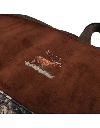 Pokrowiec Forsport na broń LPZKAM K02 1,12m, kamuflaż leśny/zamsz brązowy haft jeleń ryczy w trawie