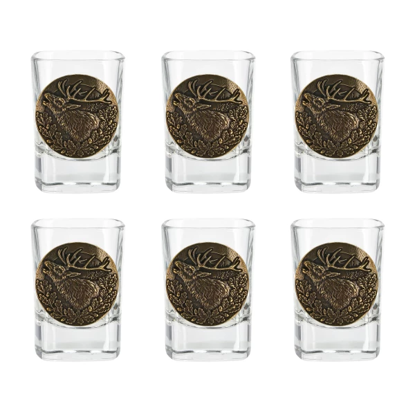 Kieliszki Golden Fox Qube z odlewaną plakietką mosiądz 6 szt. w drewnianym pudełku