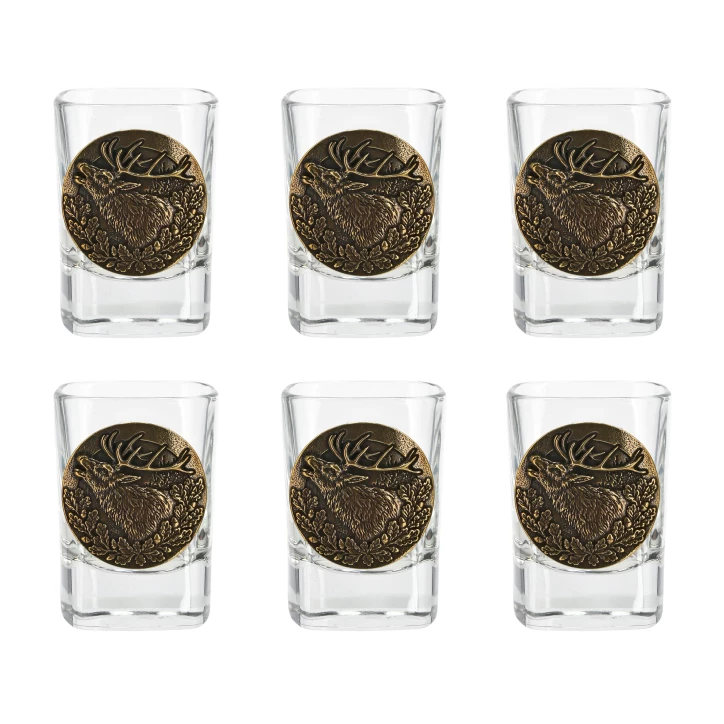 Kieliszki Golden Fox Qube z odlewaną plakietką mosiądz 6 szt. w drewnianym pudełku