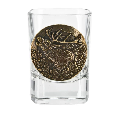 Kieliszki Golden Fox Qube z odlewaną plakietką mosiądz 6 szt. w drewnianym pudełku