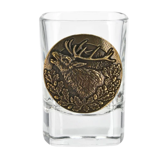 Kieliszki Golden Fox Qube z odlewaną plakietką mosiądz 6 szt. w drewnianym pudełku