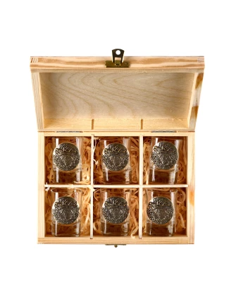 Kieliszki Golden Fox Qube z odlewaną plakietką mosiądz 6 szt. w drewnianym pudełku