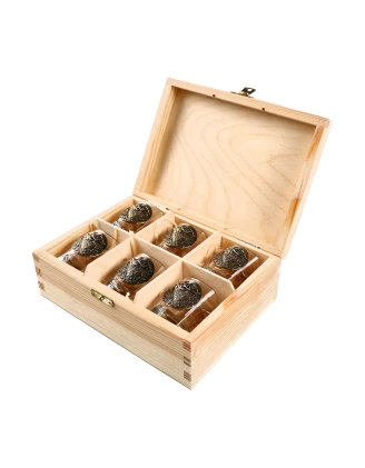 Kieliszki Golden Fox Qube z odlewaną plakietką mosiądz 6 szt. w drewnianym pudełku