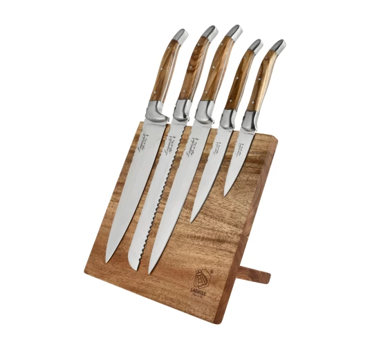 Laguiole Style de Vie Luxury Line Olive Wood - Komplet 5 Noży Kuchennych z Blokiem Magnetycznym | imag24.pl