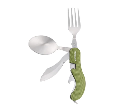Outrest Pocket Meal 4w1 Oliwkowy - Składany Niezbędnik Turystyczny z Nożem i Sztućcami