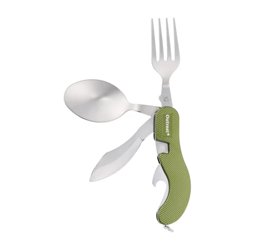 Outrest Pocket Meal 4w1 Oliwkowy - Składany Niezbędnik Turystyczny z Nożem i Sztućcami