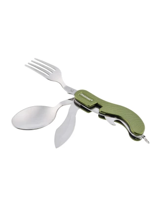 Outrest Pocket Meal 4w1 Oliwkowy - Składany Niezbędnik Turystyczny z Nożem i Sztućcami
