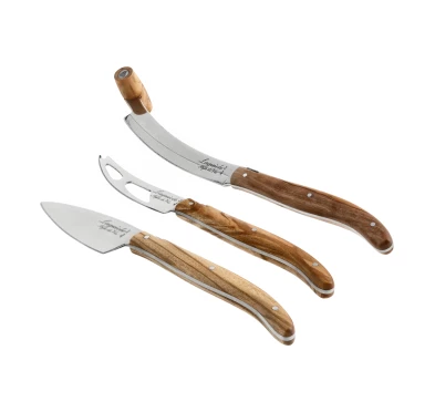 Laguiole Olive Wood V2 - Komplet 3 Noży do Serów ze Stali Nierdzewnej i Drewna Oliwnego