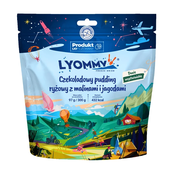 Lyommy Pudding ryżowy z czekoladą, malinami i jagodami 97 g (300 g po przyg.)